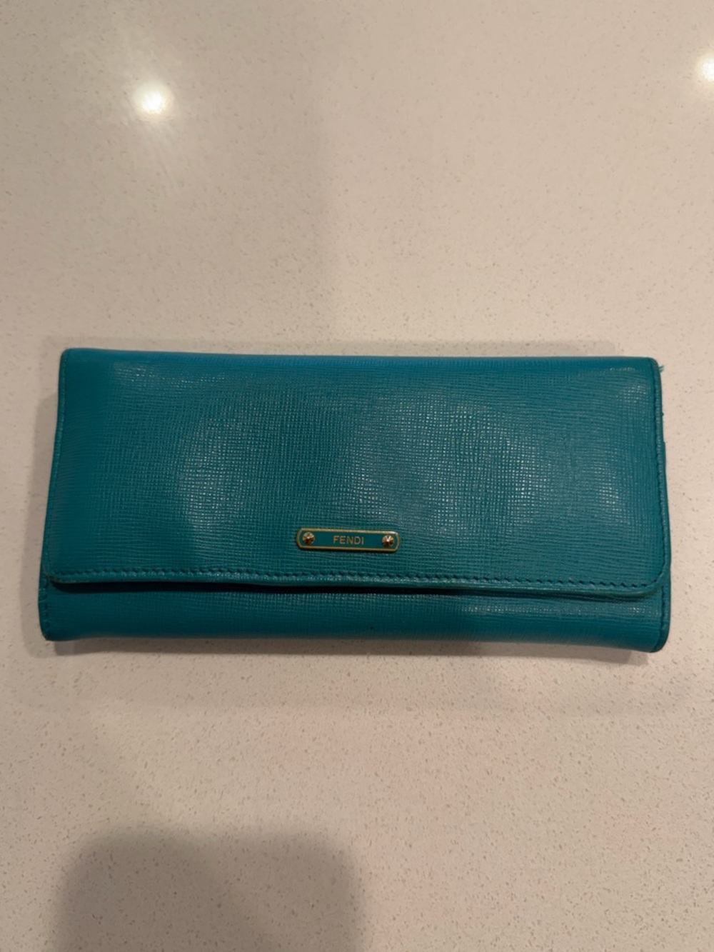 Fendi Teal Leather Continental Wallet with Yellow Fendi Box, Bag, and Dustbag - Picture 3 of 9